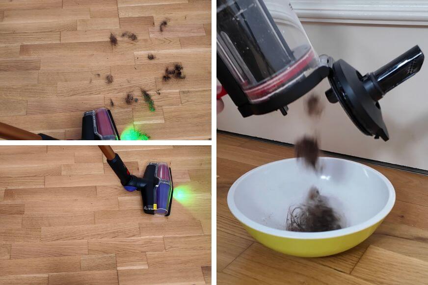 Haaraufnahme im Vergleich: Dyson V16 Piston Animal saugt Tier- und Menschenhaare im Test auf.